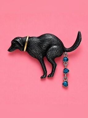 Pooping Black Dog Brooch with Blue Gem Tail